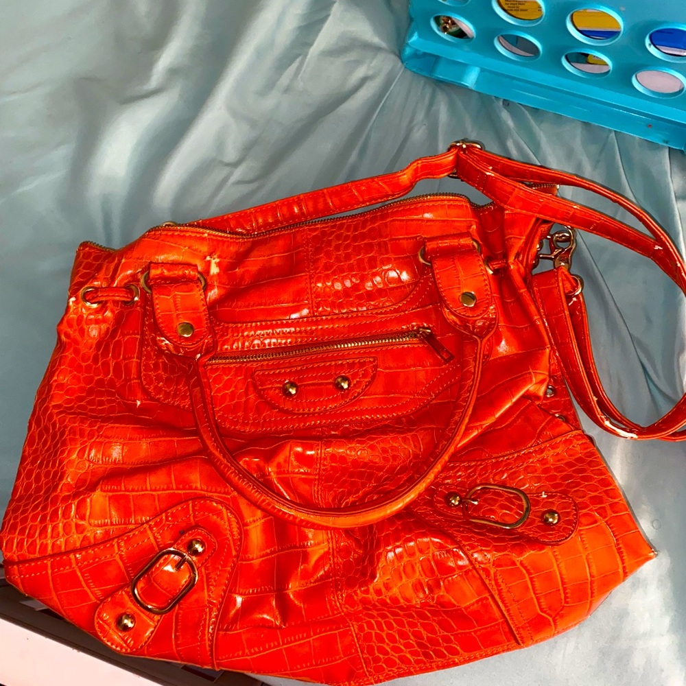 Orange Snakeskin Tote Purse With Strap
